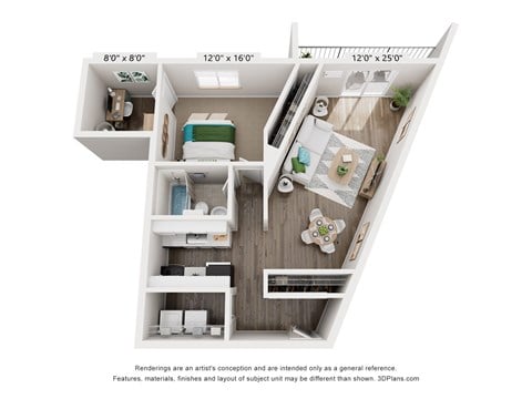 Floor plan for 1 bed, 1 bath, 798 sqft